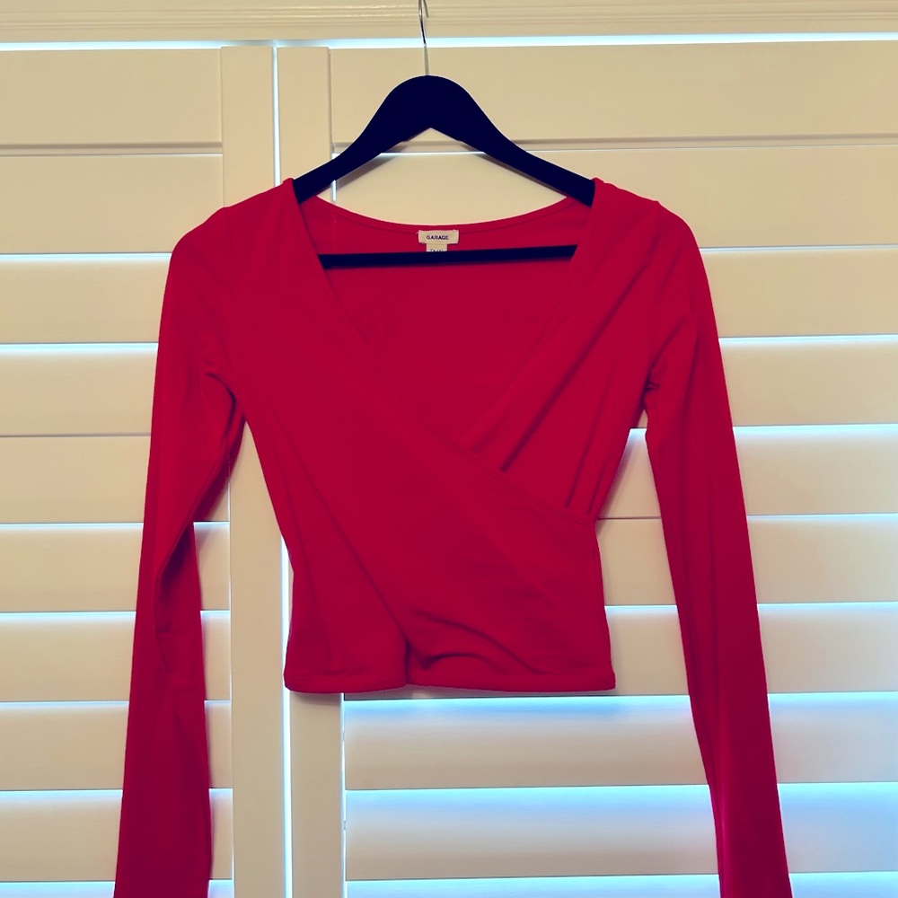 Garage Bright Red Cross Front V Neck Longsleeve Top (XS)